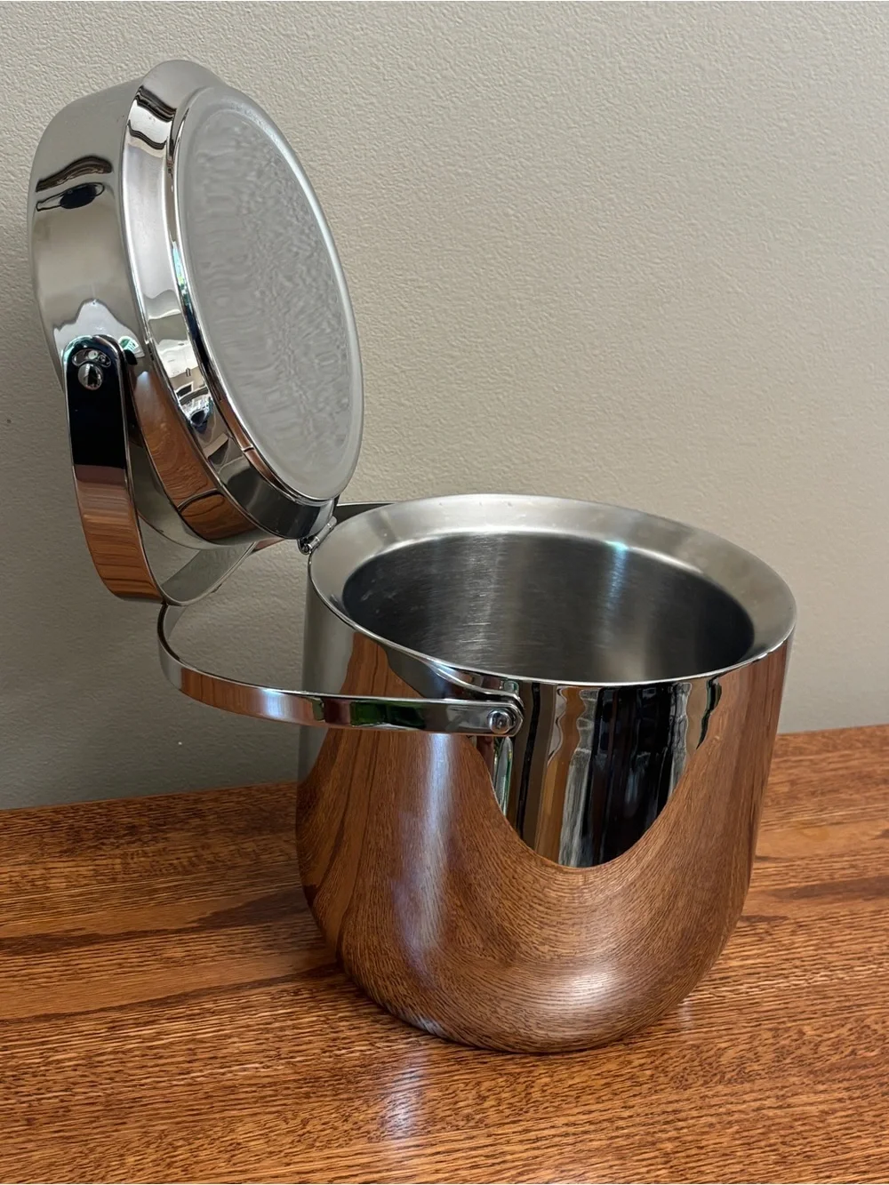 Crate&Barrel polished stainless steel double-walled insulated ice bucket / tongs